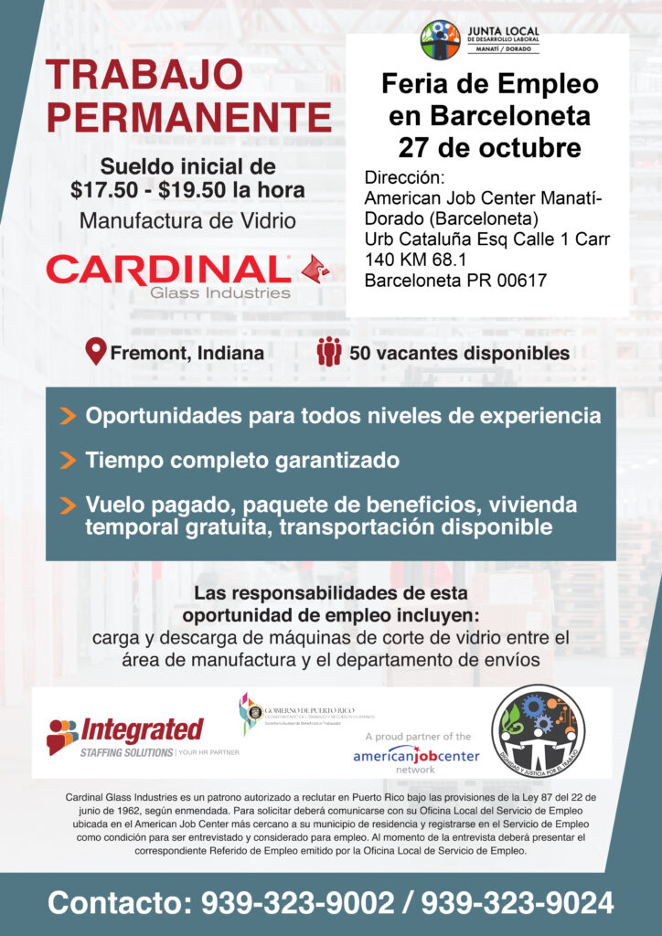 Feria de Empleo a través de Cardinal Glass Industries - jueves 27 de octubre de 2022
