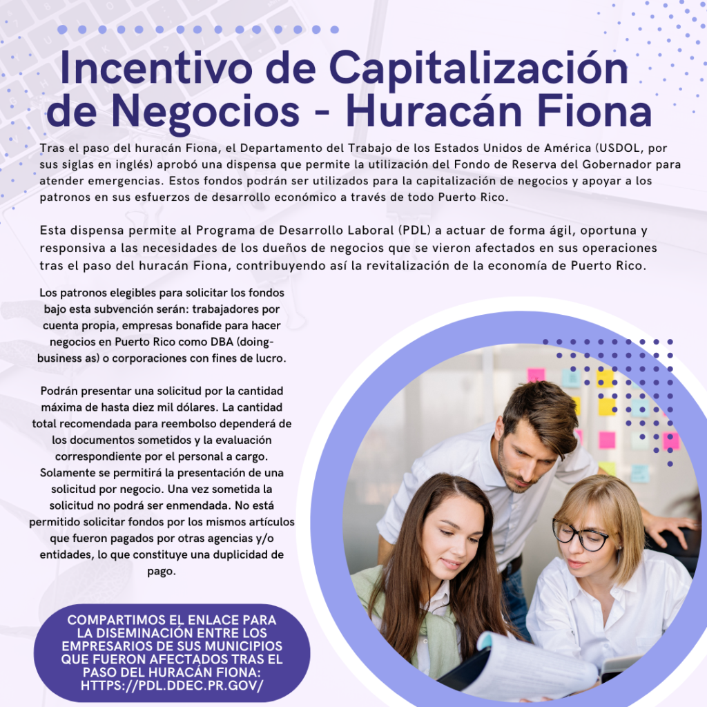 Flyer Incentivo de Capitalización a Patronos (Negocios) - Huracán Fiona