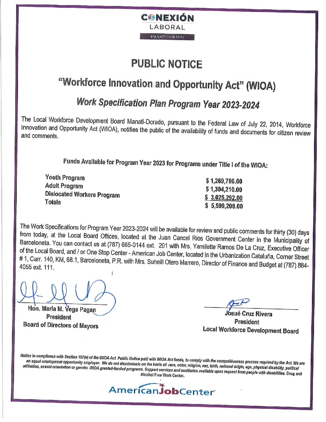 Public Notice “Workforce Innovation and Opportunity Act” (WIOA) Work